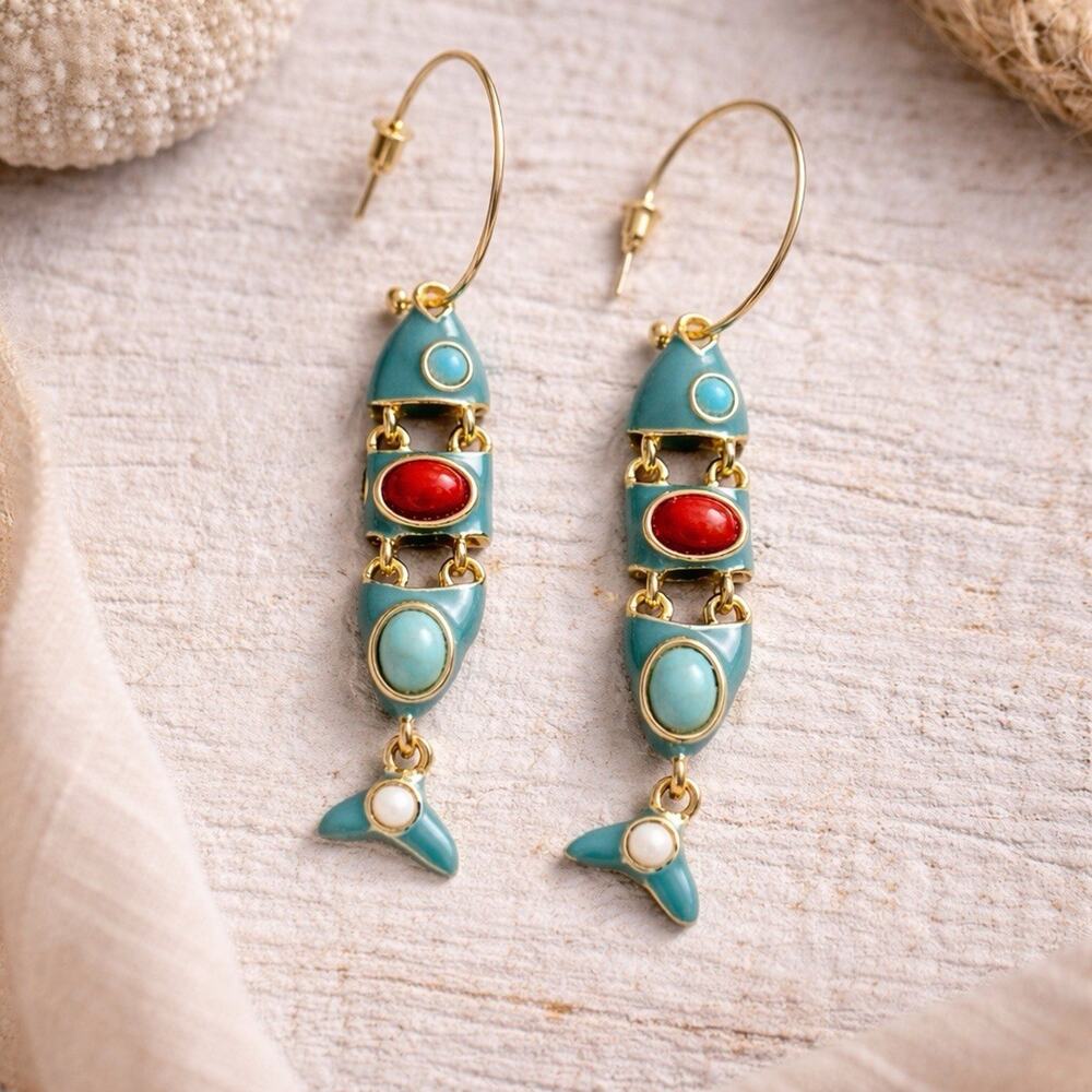 Fish Hoop Earrings Zara VTG Boho Turquoise Enamel Gold Art Deco Statement Stud
